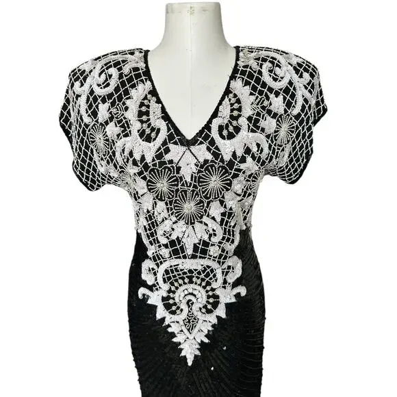Vintage 80s Beaded Sequined Party Cocktail Mini Dress Carina Black White M Glam